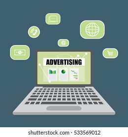 Native advertising concept with marketing media and tools illustrated in laptop 