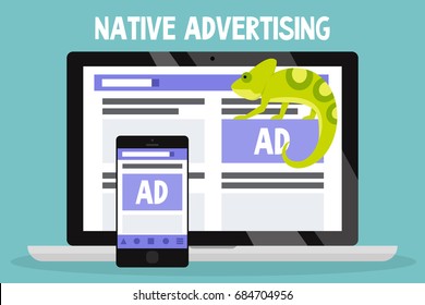 Native Advertising Conceptual Illustration. Chameleon As A Metaphor Of Native Ads / Flat Editable Vector Illustration, Clip Art