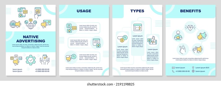 Native advertising cyan brochure template. Aesthetic ads. Leaflet design with linear icons. Editable 4 vector layouts for presentation, annual reports. Arial-Black, Myriad Pro-Regular fonts used