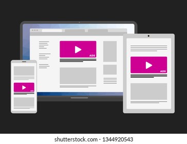 Native Advertising and Programmatic targeting marketing - Cross-device and multi target ads strategy. Laptop, Tablet PC, mobile phone icon isolated on black background.
