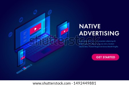 Native Advertising and Programmatic targeting marketing. Cross-device and multi target audience ads strategy. Laptop, Tablet PC, mobile phone and smart watch isometric vector icon