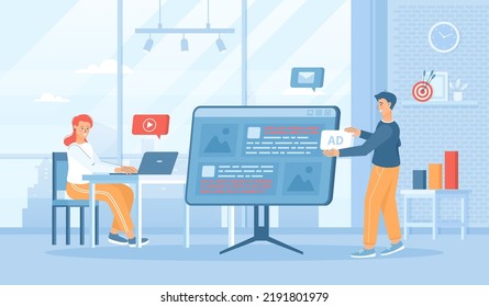 Native advertising. Promotion strategy using Content marketing, Sponsored articles. Flat cartoon vector illustration with people characters for banner, website design or landing web page