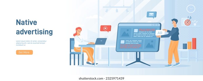 Native advertising. Promotion strategy using Content marketing, Sponsored articles. Flat concept great for social media promotional material. Website banner on white background.	
