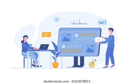 Native advertising. Promotion strategy using Content marketing, Sponsored articles. Vector illustration with characters in flat design for web banner.	