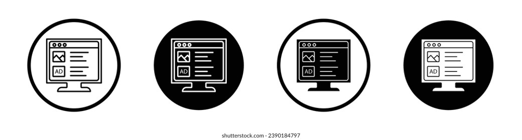 Juego de iconos vectoriales de publicidad nativa. Símbolo vectorial del anuncio de visualización digital. Anuncio de contenido. Signo de vector de publicidad de publicación contextual adecuado para aplicaciones y diseños de interfaz de usuario de sitios web.