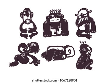 Native African ancient idols and spirits hand drawn vector illustration characters set