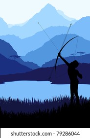 Native african bow hunter in wild nature landscape illustration