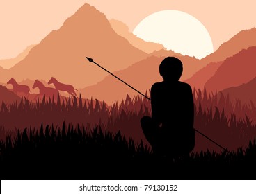 Native african hunter in wild nature landscape illustration