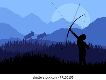 Native african hunter in wild nature landscape illustration