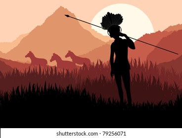 Native african hunter in wild nature landscape illustration