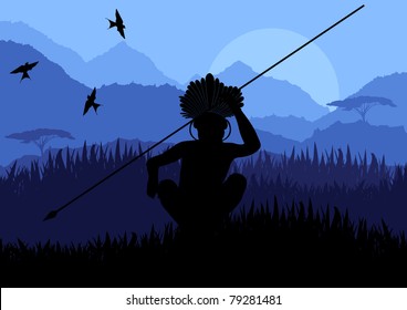 Native african hunter in wild nature landscape illustration