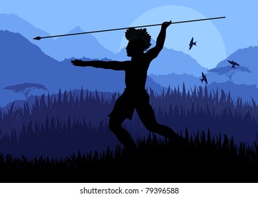 Native african hunter in wild nature landscape illustration