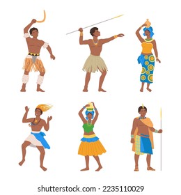 Native African people in traditional clothing set. men and women of African tribe vector illustration