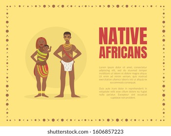 Native Africans Banner Template with Tribal People in Traditional Clothes and Space for Text Vector illustration