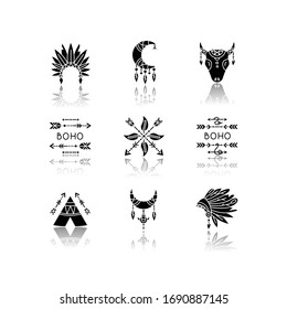 Native american accessories drop shadow black glyph icons set. Tribe chief hat and teepee. Boho dreamcatcher amulets. Moon, arrows and feathers charm. Isolated vector illustrations on white space