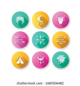 Native american accessories flat design long shadow glyph icons set. Tribe chief hat and teepee. Boho style dreamcatcher amulets. Moon, arrows and feathers charm. Silhouette RGB color illustration