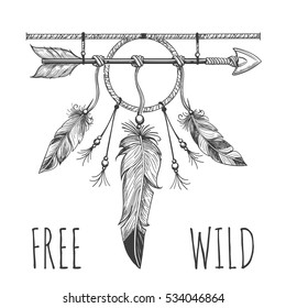 Native american accessory with arrow feathers and lettering free wild isolated on white. Vector illustration