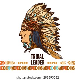 Native american apache indian profile in tribal costume sketch portrait vector illustration