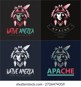 Native American Apache Warrior Mascot Logo Set Vector Illustration