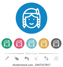 Native american avatar outline flat white icons on round color backgrounds. 6 bonus icons included.
