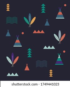Native American Aztec geometric minimalist Indian summer seamless pattern. Fashionable vector stylized nature mountains forest adventure outdoors theme. Play camp tee pee. Editable design element. 