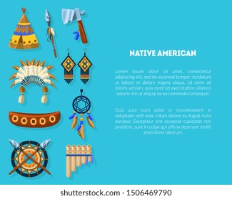 Native American Banner Template with Ethnic Indian Symbols, Teepee, Headdress, Earrings and Space for Text Vector Illustration
