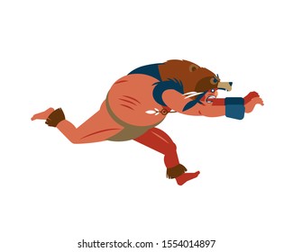 Native American big, strong warrior in skin of bear brave leaping toward and attacking.  Mayan, Aztec or Inca warrior character. Vector cartoon clip art illustration isolated of white background