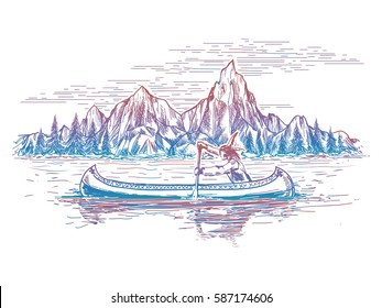 Native american in the boat and mountain. Vector colorful mountain and river landscape