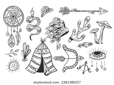 Native american boho indian tribal esoteric isolated set. Vector flat graphic design illustration