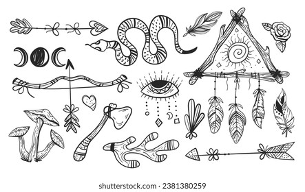 Native american boho indian tribal esoteric isolated set. Vector flat graphic design illustration