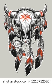 Native american  bull skull with feathers and dream catcher