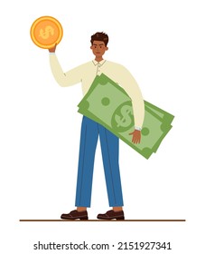 Native American businessman with money. Character wearing business casual clothing holding a money stack with coin, banknotes cash. Financial well-being. Flat vector illustration