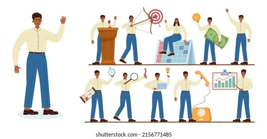 Native American businessman set. Characters wearing business casual clothing in different poses and doing different activities. Business development. Flat vector illustration