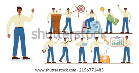 Native American businessman set. Characters wearing business casual clothing in different poses and doing different activities. Business development. Flat vector illustration