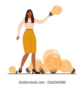 Native American businesswoman with a light bulb. Idea concept, thinking about innovation and find solution. Light bulb as metaphor. Character wearing business casual clothing. Flat vector illustration