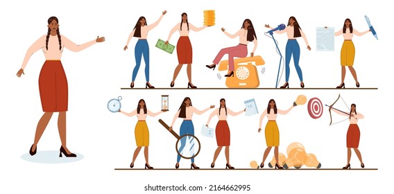 Native American businesswoman set. Characters wearing business casual clothing in different poses and doing different activities. Business development. Flat vector illustration