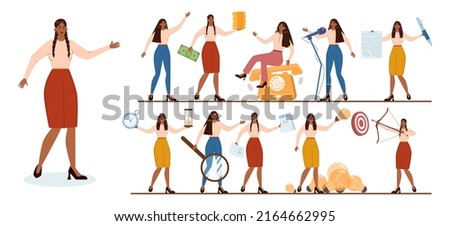 Native American businesswoman set. Characters wearing business casual clothing in different poses and doing different activities. Business development. Flat vector illustration