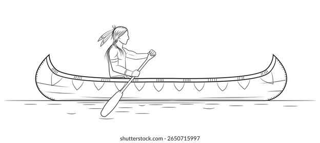 Nativo americano em canoa na água - esboço de ilustração vetorial