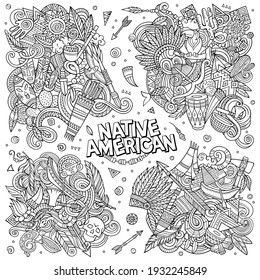 Indische amerikanische Cartoon-Vektordoodle-Designs Set. Detaillierte Kompositionen der Line Art mit vielen ethnischen Objekten und Symbolen. Alle Artikel sind getrennt
