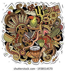 Native American cartoon vector doodle design. Colorful detailed composition with lot of ethnic objects and symbols. All items are separate