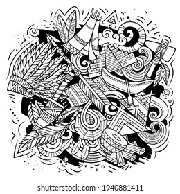 Indianisches amerikanisches Cartoon-Vektordoodle-Design. Skizzenhafte detaillierte Komposition mit vielen ethnischen Objekten und Symbolen. Alle Artikel sind getrennt