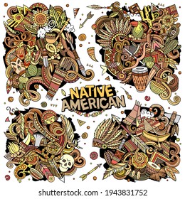 Diseños nativos americanos de dibujos vectores de dibujos animados de dibujos animados de diseño. Coloridas composiciones detalladas con muchos objetos y símbolos étnicos. Todos los elementos están separados
