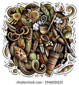 Native American cartoon vector doodle design. Colorful detailed composition with lot of ethnic objects and symbols. All items are separate