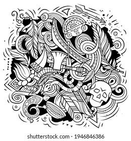 Native American cartoon vector doodle design. Sketchy detailed composition with lot of ethnic objects and symbols. All items are separate