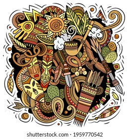 Native American cartoon vector doodle design. Colorful detailed composition with lot of ethnic objects and symbols. All items are separate