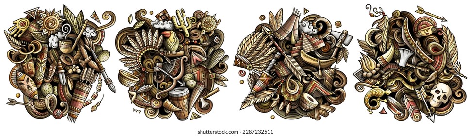 Native American cartoon vector doodle designs set. Colorful detailed compositions with lot of ethnic objects and symbols. All items are separate