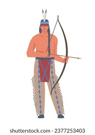 Native american character. Man with bow and feathers. Person in traditional costume. Ancient warrior. Poster or banner. Cartoon flat vector illustration isolated on white background