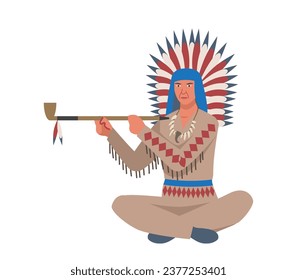 Native american character. Man with flute and feathers. Person in traditional costume. History and culture. Poster or banner. Cartoon flat vector illustration isolated on white background