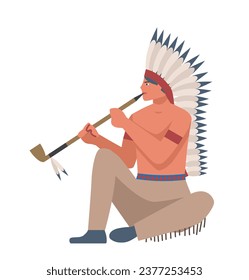 Native american character. Man with flute and feathers. Person in traditional costume. Historical scene. Template and layout. Cartoon flat vector illustration isolated on white background