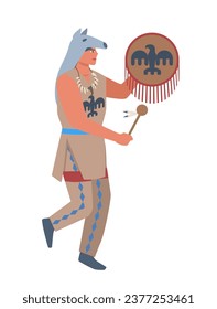 Native american character. Man with stick and drum. Person in traditional costume. Ancient musician. Graphic element for website. Cartoon flat vector illustration isolated on white background